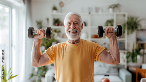 Smiling elderly man doing dumbbell exercises at home