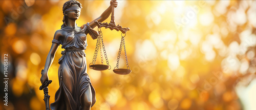 Statue of Lady Justice with Scales in Soft Golden Light, Symbolizing Fairness and Law