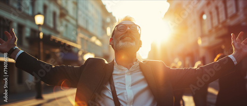 Embracing Success: Ecstatic Businessman Celebrating Personal Triumph Outdoors at Sunset photo