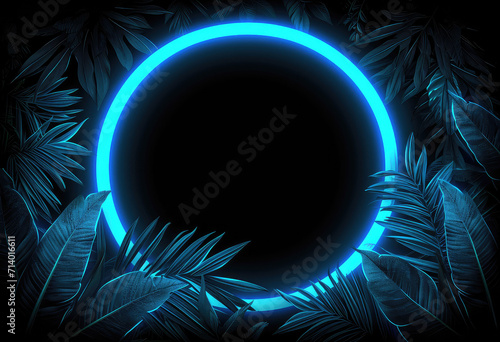 Round Neon Frame With Tropical Leaves