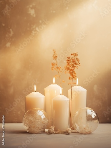 candles and decorations in beige colors. ai generated