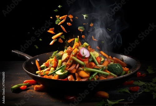 Légumes sautés avec des aliments en mouvement dans une poêle à frire photo