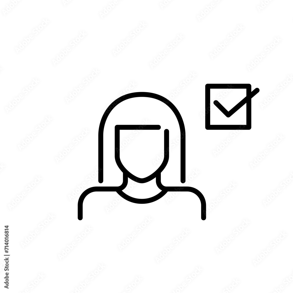 Woman user profile picture and check mark. Approved candidate. Pixel perfect, editable stroke icon Woman user profile picture and check mark. Approved candidate. Pixel perfect, editable stroke icon