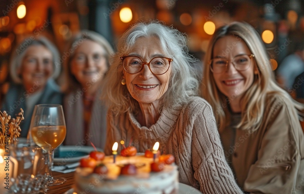 A joyful gathering of varied senior friends commemorating birthdays with gifts and cake A joyful gathering of varied senior friends commemorating birthdays with gifts and cake