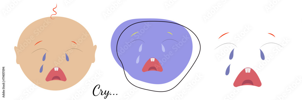 Obraz premium set of crying baby faces on white background. Kawaii kid. Cartoon blue doodle face. Flat vector illustration