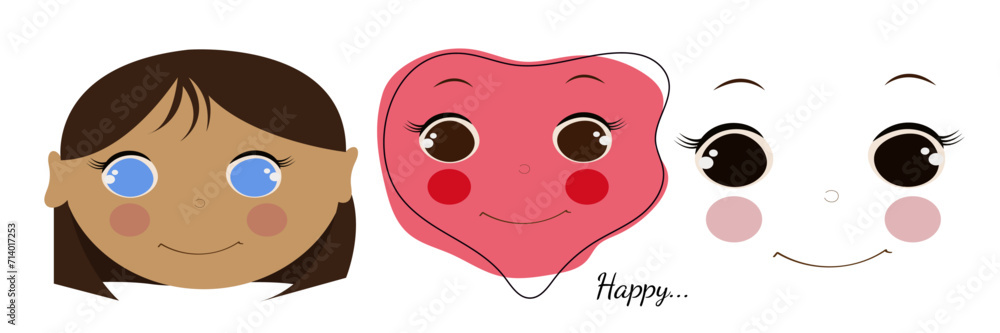 Cute happy brunnete cartoon girl with blue eyes. Pink doodle emotion. Kawaii face with brown eyes. Flat vector illustraion on white background Cute happy brunnete cartoon girl with blue eyes. Pink doodle emotion. Kawaii face with brown eyes. Flat vector illustraion on white background
