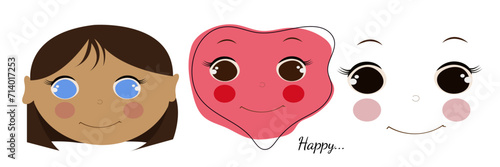 Cute happy brunnete cartoon girl with blue eyes. Pink doodle emotion. Kawaii face with brown eyes. Flat vector illustraion on white background
