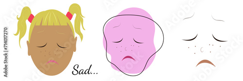 Sad cartoon face expression. Emotional kawaii unhappy emotion with  blonde girl, pink doodle and  line face. Vector set