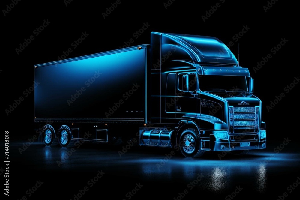 Blue truck on black background for business elements, printing, and posters. Generative AI