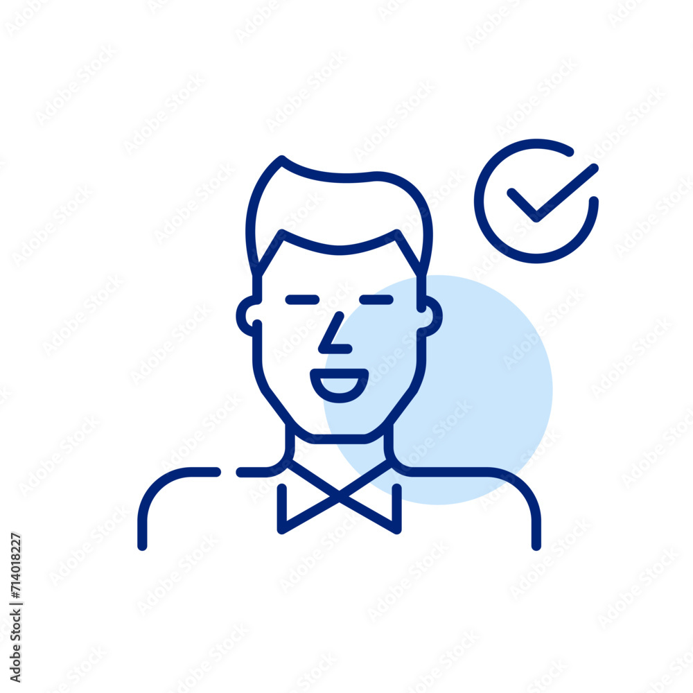 Finding the best candidate to fill the vacation. Young man in formal shirt with check mark. Pixel perfect, editable stroke icon Finding the best candidate to fill the vacation. Young man in formal shirt with check mark. Pixel perfect, editable stroke icon