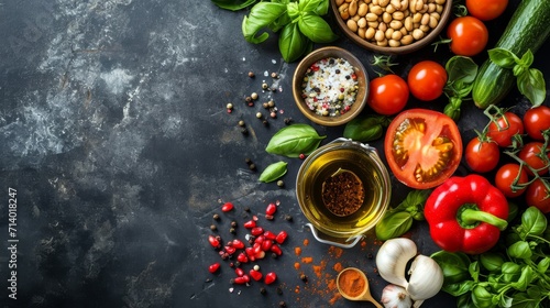 Healthy and balanced organic food ingredients on a dark stone table background
