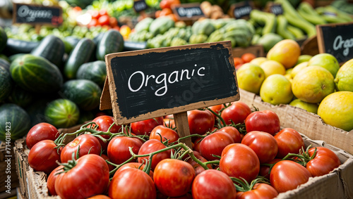 Organic food market with fruits and vegetables, fresh farmers local agriculture products, chalkboard sign written organic on it, hd