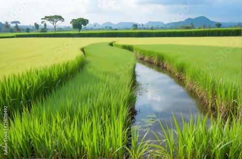 The rice potter in the rice fields has been drenched by rain, the afternoon sun shines