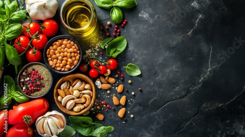 Healthy and balanced organic food ingredients on a dark stone table background