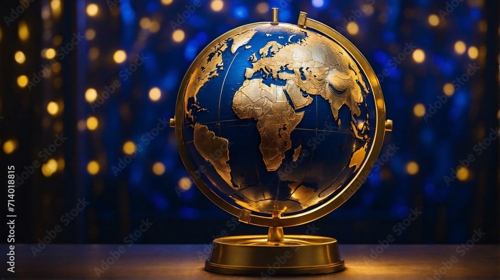 A captivating image of a blue and gold globe illuminated by surrounding lights