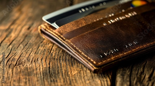 Credit cards in leather wallet on wooden background 