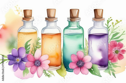 natural cosmetics with flowers  green leaves. essence oil bottles on floral background in watercolor
