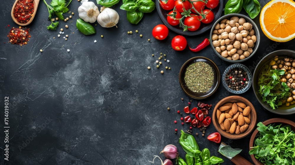 Healthy and balanced organic food ingredients on a dark stone table background Healthy and balanced organic food ingredients on a dark stone table background