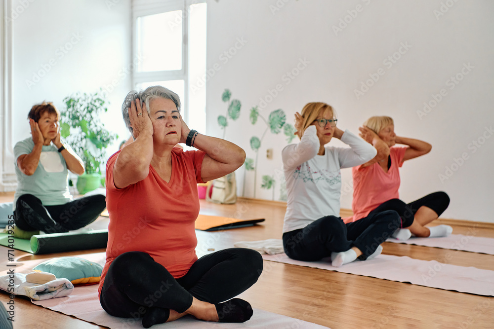 A group of senior women engage in various yoga exercises, including neck, back, and leg stretches, under the guidance of a trainer in a sunlit space, promoting well-being and harmony A group of senior women engage in various yoga exercises, including neck, back, and leg stretches, under the guidance of a trainer in a sunlit space, promoting well-being and harmony