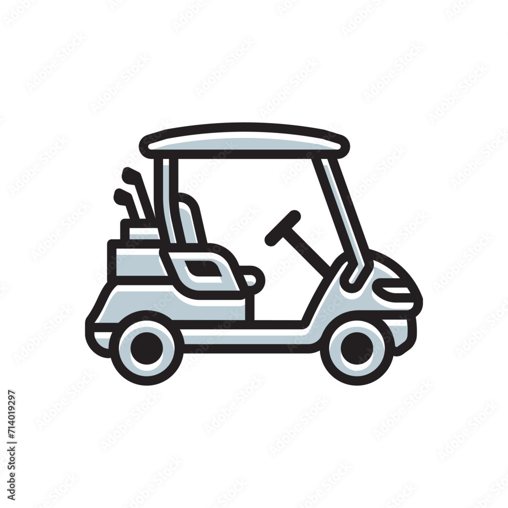 Simple icon golf cart with golf clubs in the back compartment Simple icon golf cart with golf clubs in the back compartment