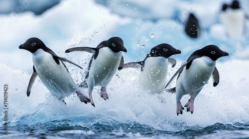 Adelie Penguin  pygoscelis adeliae  Group Leaping into Ocean  Paulet Island in Antarctica --ar 16 9 --v 6 Job ID  8f9708da-c9b0-45a6-9b6a-3fb438ff4e0b