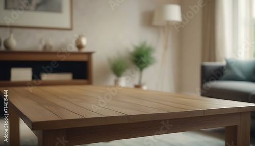 Empty wooden table in a clean, elegant modern indoor home interior 