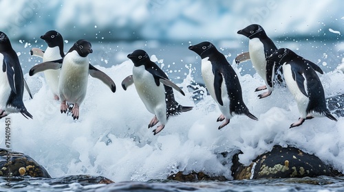 Adelie Penguin  pygoscelis adeliae  Group Leaping into Ocean  Paulet Island in Antarctica --ar 16 9 --v 6 Job ID  8f9708da-c9b0-45a6-9b6a-3fb438ff4e0b