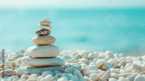 White sea pebble stone stack on light blue background.