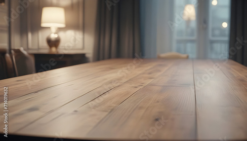 Empty wooden table in a clean, elegant modern indoor home interior 