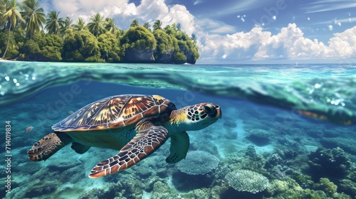 Digital art of a sea turtle swimming in the ocean, in front of a tropical island in summer. This artwork is inspired by the beauty of the tropical ocean and marine life