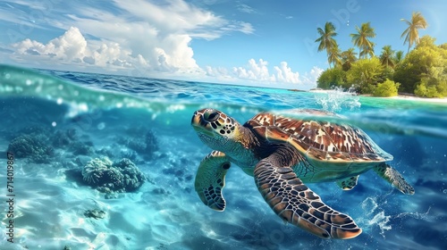 Digital art of a sea turtle swimming in the ocean, in front of a tropical island in summer. This artwork is inspired by the beauty of the tropical ocean and marine life