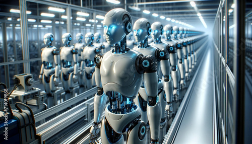 Identical humanoid robots aligned in a manufacturing setting, highlighted by blue lighting and a metallic finish, symbolizing advanced automation.