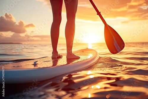 Summer sport adventure with young woman surfing in sea travel water paddle lifestyle nature person on surfboard ocean vacation sunset recreation fit and sunny sunlight holiday sunrise outdoor beach © Thares2020