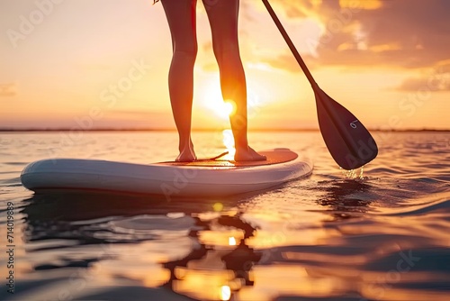 Summer sport adventure with young woman surfing in sea travel water paddle lifestyle nature person on surfboard ocean vacation sunset recreation fit and sunny sunlight holiday sunrise outdoor beach