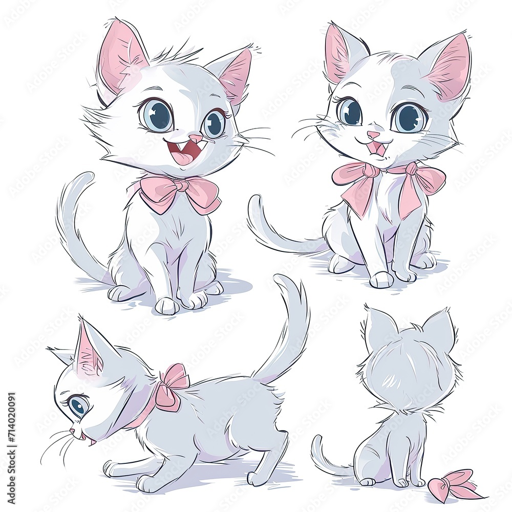 Illustration of a cute kitten with a pink bow and a heart. Character sheet