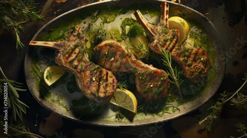 A platter of juicy grilled lamb chops, marinated in a blend of herbs and spices