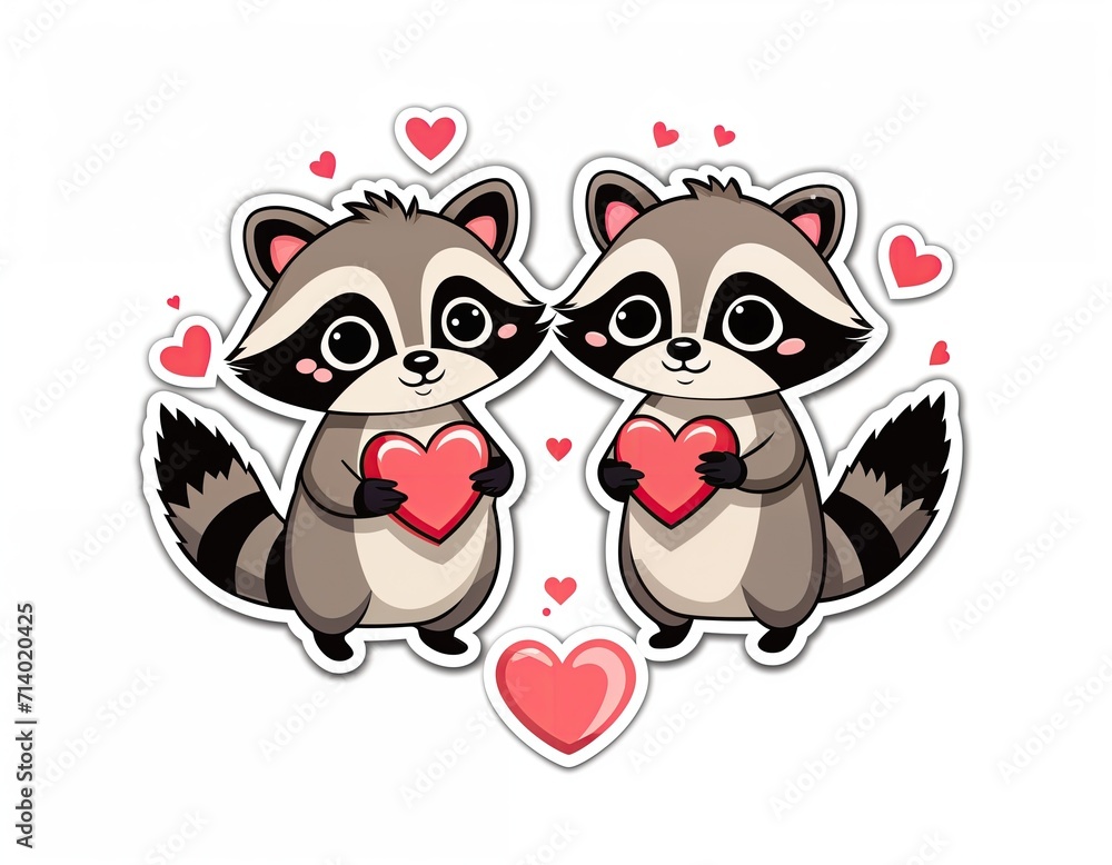 Fototapeta premium two raccoons holding pink hearts. isolated on white