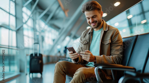Business man using mobile phone to book plane ticket through online application, sitting on travel checking travel time on board at airport, travel, payment, due, booking, online, check in photo