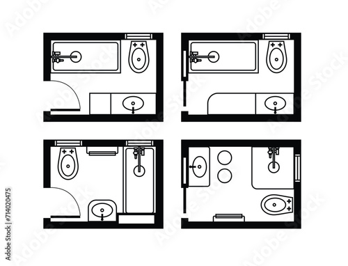 Architectural plans for bathrooms, studios and houses. Interior floor plan and design elements for toilet, sink, bathtub and shower