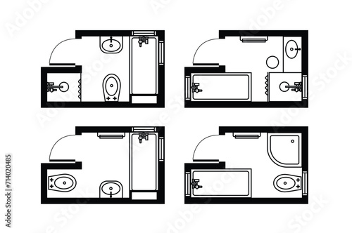 Architectural plans for bathrooms, studios and houses. Interior floor plan and design elements for toilet, sink, bathtub and shower