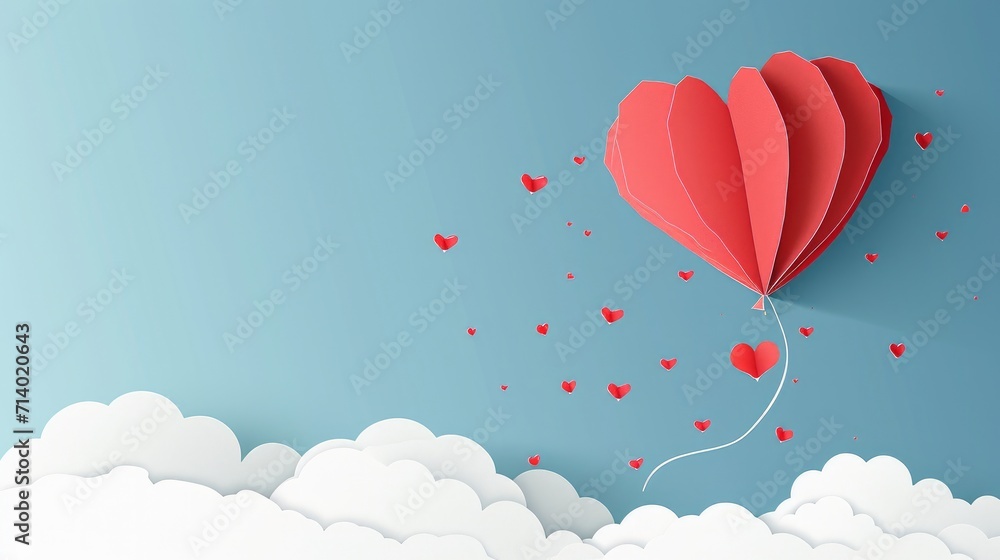 Paper art of heart balloon flying and scattering little heart in the sky, origami and love concept, vector art and illustration