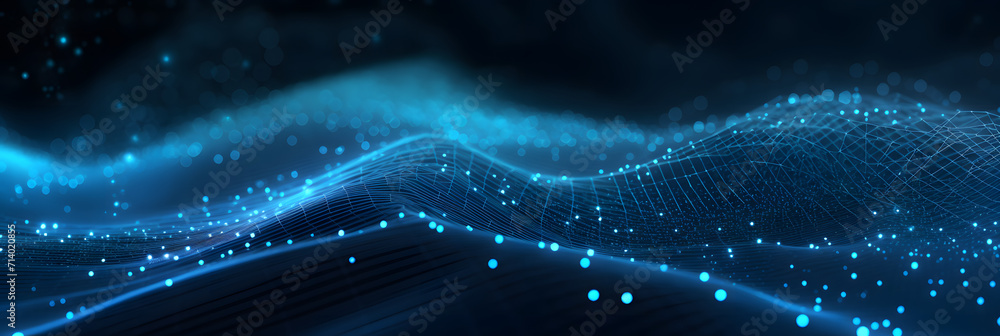Wave of dots and weave lines. Abstract blue background for design on the topic of cyberspace, big data, metaverse, network security, data transfer on dark blue abstract cyberspace background. - obrazy, fototapety, plakaty 