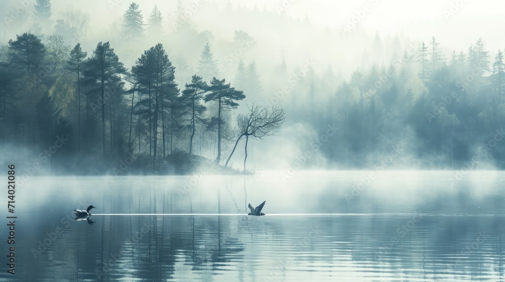 Spring landscape with takeoff Loon (misty morning). Bird were scattered on water of lake in misty forest. Picture has artistic value, fine art photography. Art style of photo