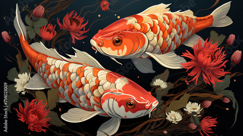 Nature s Harmony  Koi Fish in Block Print Style  A Serene Artistic Representation of Life s Elegance.