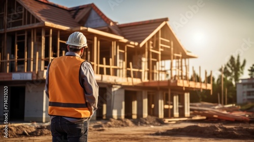 inspector or engineer is inspecting construction and quality assurance new house. Engineers or architects or contactor work to build the house before handing, generate by AI.