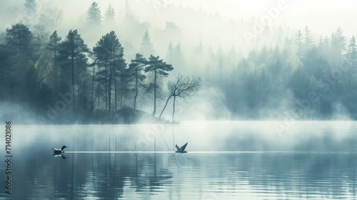 Spring landscape with takeoff Loon (misty morning). Bird were scattered on water of lake in misty forest. Picture has artistic value, fine art photography. Art style of photo © Orxan