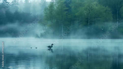 Spring landscape with takeoff Loon (misty morning). Bird were scattered on water of lake in misty forest. Picture has artistic value, fine art photography. Art style of photo