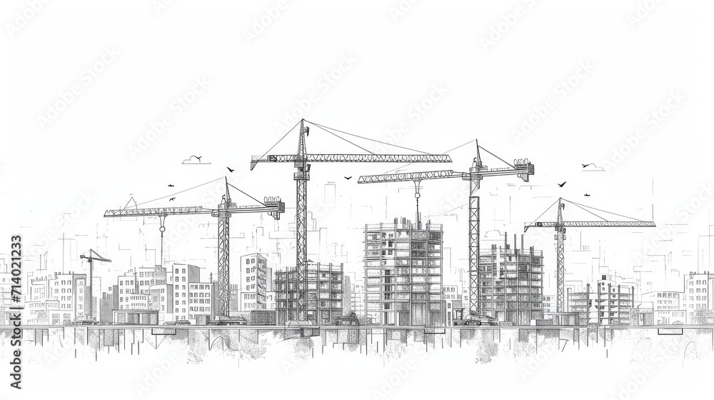 Tower Cranes on Construction Site. City space. Hand drawn vector. Construction, development, architecture or other concept illustration or background Tower Cranes on Construction Site. City space. Hand drawn vector. Construction, development, architecture or other concept illustration or background
