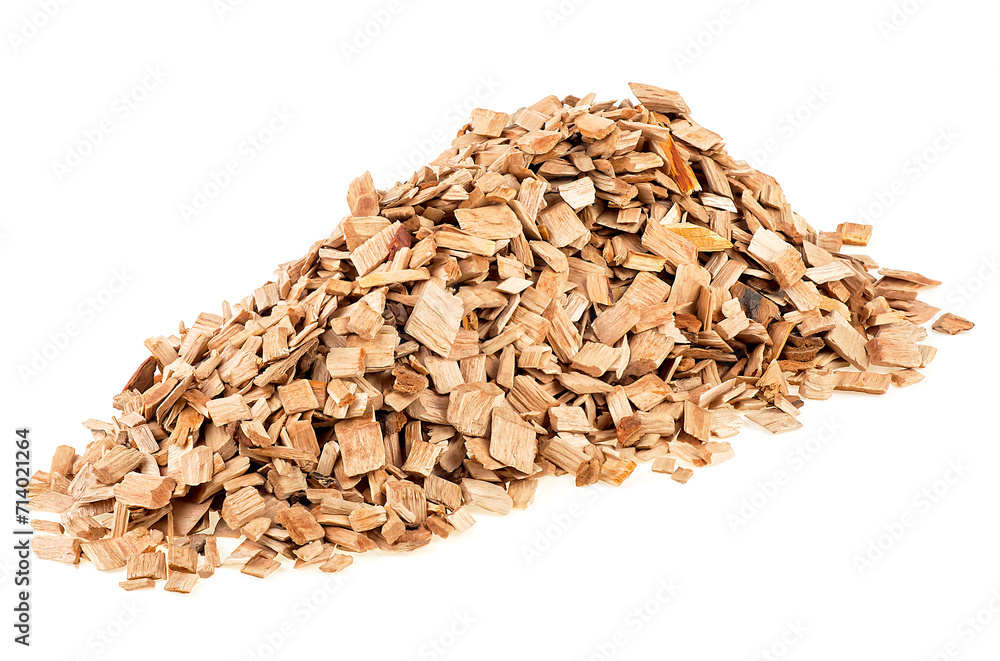 Pile of wooden chips for smoking meat and fish isolated on a white background. Smoking woodchips. Pile of wooden chips for smoking meat and fish isolated on a white background. Smoking woodchips.