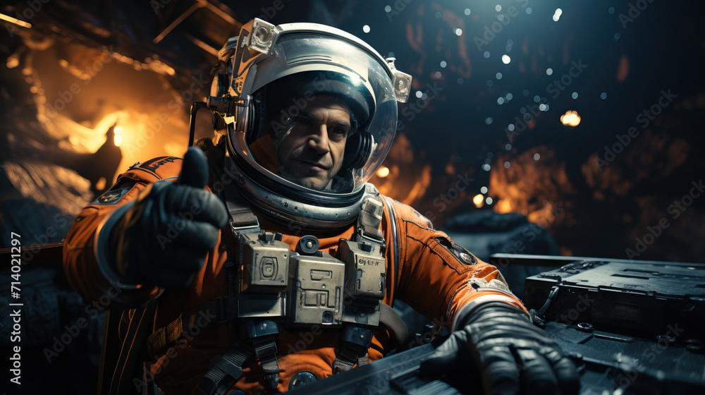Space Thumbs Approved: Astronaut Floating in Space, Delivering a Cosmic Thumbs Up Gesture Space Thumbs Approved: Astronaut Floating in Space, Delivering a Cosmic Thumbs Up Gesture